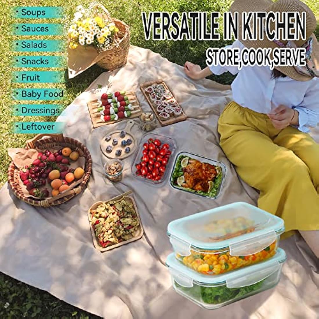 Luvan 1520ML Large Glass Food Storage Containers with Lids, Airtight Glass Meal Prep Containers Set Lunch Box BPA Free & Leak-Proof for Microwave,Oven,Freezer and Dishwasher Safe