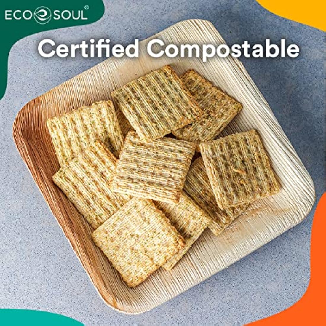 ECO SOUL 100 Disposable Palm Leaf Plates 6”(15cm) Square Small Bamboo Plate I Eco Friendly, Biodegradable, Compostable Heavy-Duty Plate, Wooden Plates for Party & Events I Microwave & Oven Safe
