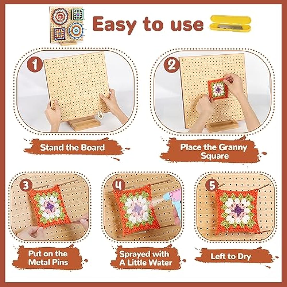 Aeelike Large Granny Square Blocking Board, 11 inch Bamboo Crochet Blocking Board and Pins, Upgrade Blocking Board for Crochet Squares with Recess Stand & Case, Crochet Wooden Blocking Board with Pegs