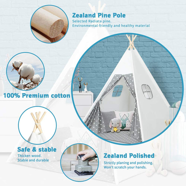 Wilwolfer Teepee Tent for Kids Foldable Children Play Tent for Girl and Boy with Carry Case 4 Poles White Canvas Playhouse Toy for Indoor and Outdoor Games