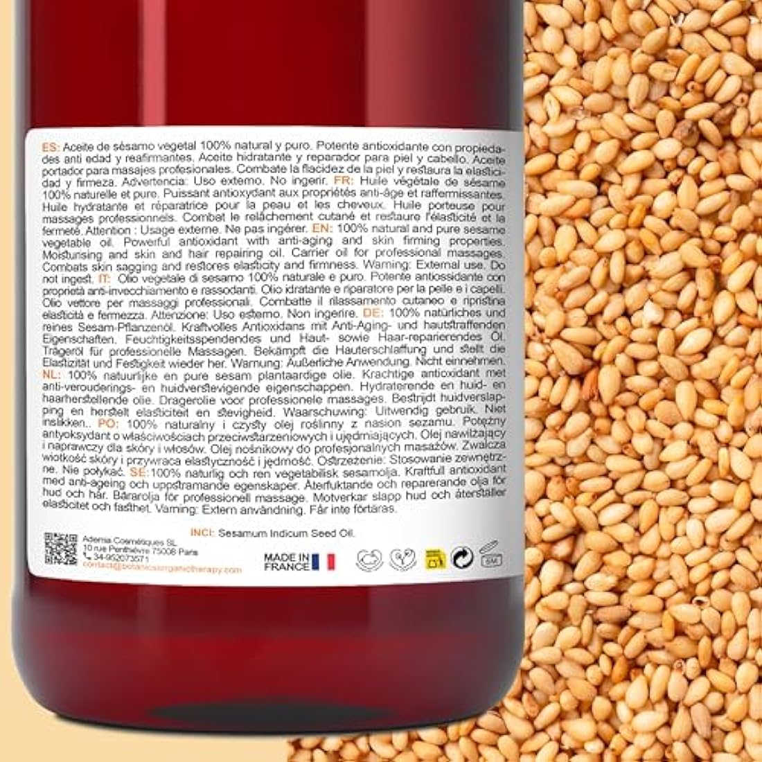 100% Pure Organic Sesame Oil - Cold-Pressed, Natural Skincare and Haircare, Certified Organic, Perfect for Ayurveda Massage - 2000 ml (67.6 fl oz)