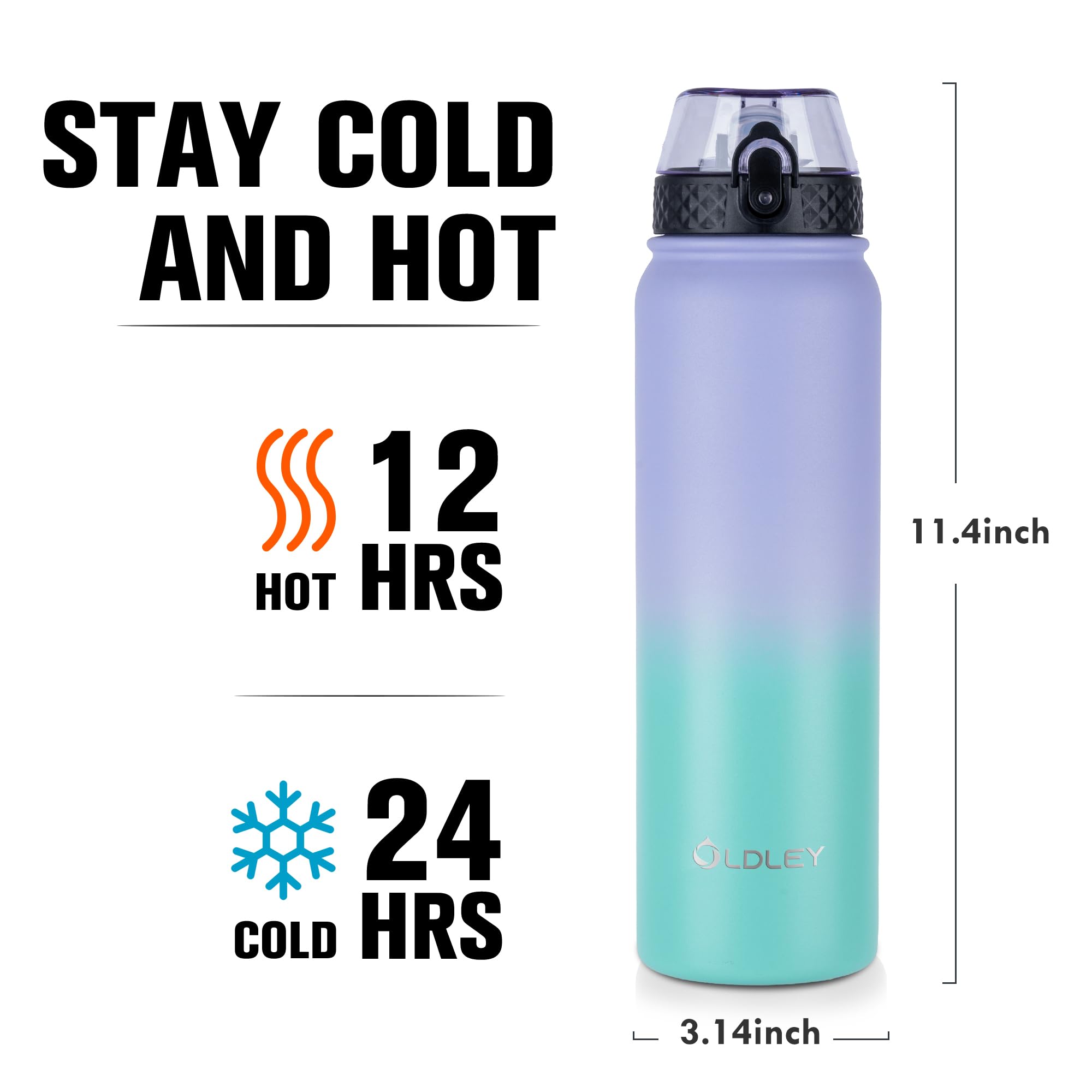 OLDLEY Stainless Steel Water Bottle with Straw 1L Vaccum Insulated Large Drink Flask Metal Water Bottles 1 Litre Leakproof Keep Drinks Hot Cold for Sports Gym with Different Lids(Purple Green, 3 Lids)