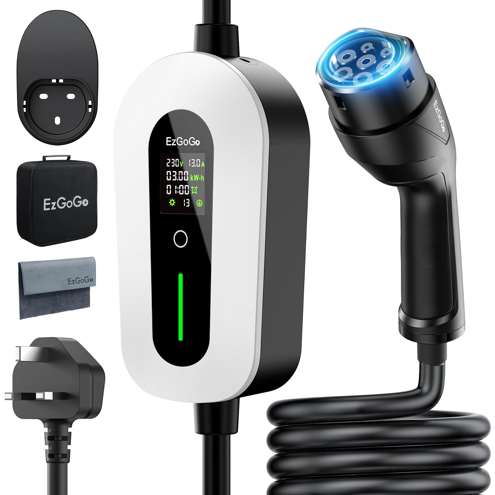 EV Charger Cable Type 2 to 3 Pin Plug 32.81Ft/10M Electric Car Charger 3kW, [6/8/10/13A] Type 2 Charging Cable 3 Pin IP65 Advanced Protection Suitable for EVs & PHEVs