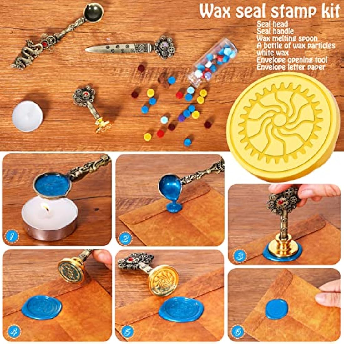 MPRINCE Quill Pen Ink Set Leather notebook With Quill Pen,Notebook,5 Replaceable Nibs,Seal Stamp,Spoon,Wax Beads,White Wax,Ink,Pen Holder,Cup,Envelope,Letter Paper(blue)