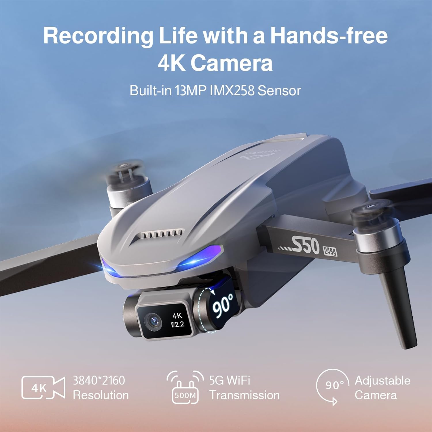 Ameta Drone with Camera 4K Professional with GPS, S50 Lite FPV Drone for Kids and Adults with Auto Return/ 50-Min Flight Time/Follow Me/Intelligent Mode/Gesture Control/ 500M Range, Under 249g
