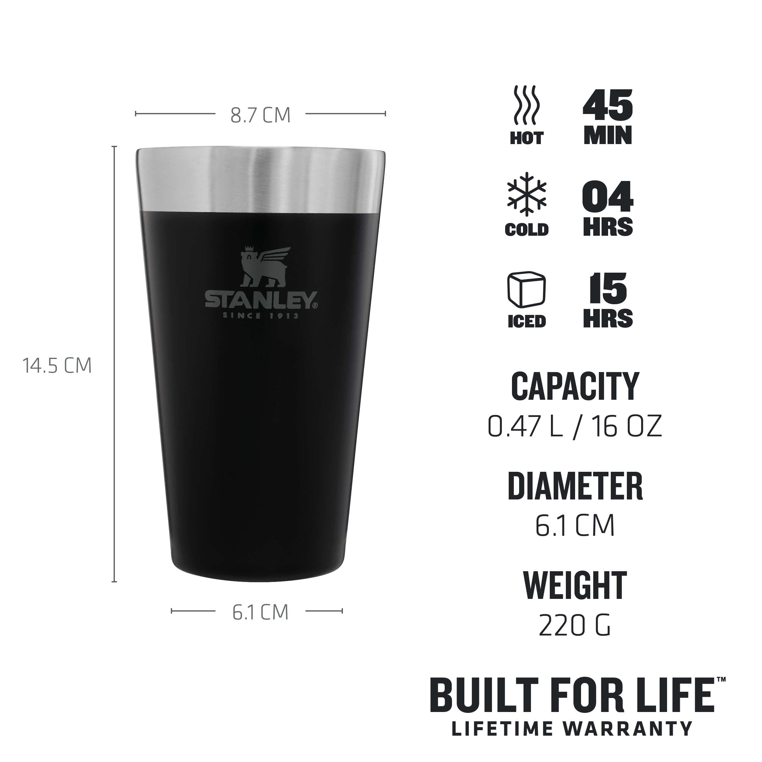 Stanley Adventure Stacking Beer Pint 0.47L - Travel Mug Keeps Drinks Cold For 4 Hours - Stainless Steel Thermal Cup - Stacks Infinitely - Double Wall Vacuum Insulation - Dishwasher Safe - Matte Black