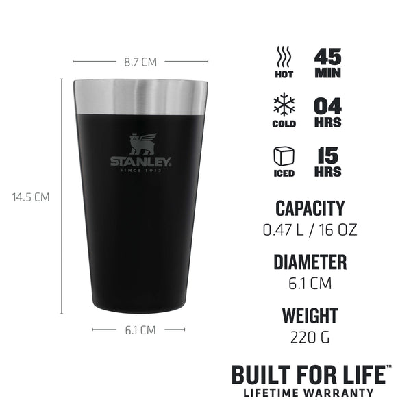 Stanley Adventure Stacking Beer Pint 0.47L - Travel Mug Keeps Drinks Cold For 4 Hours - Stainless Steel Thermal Cup - Stacks Infinitely - Double Wall Vacuum Insulation - Dishwasher Safe - Matte Black