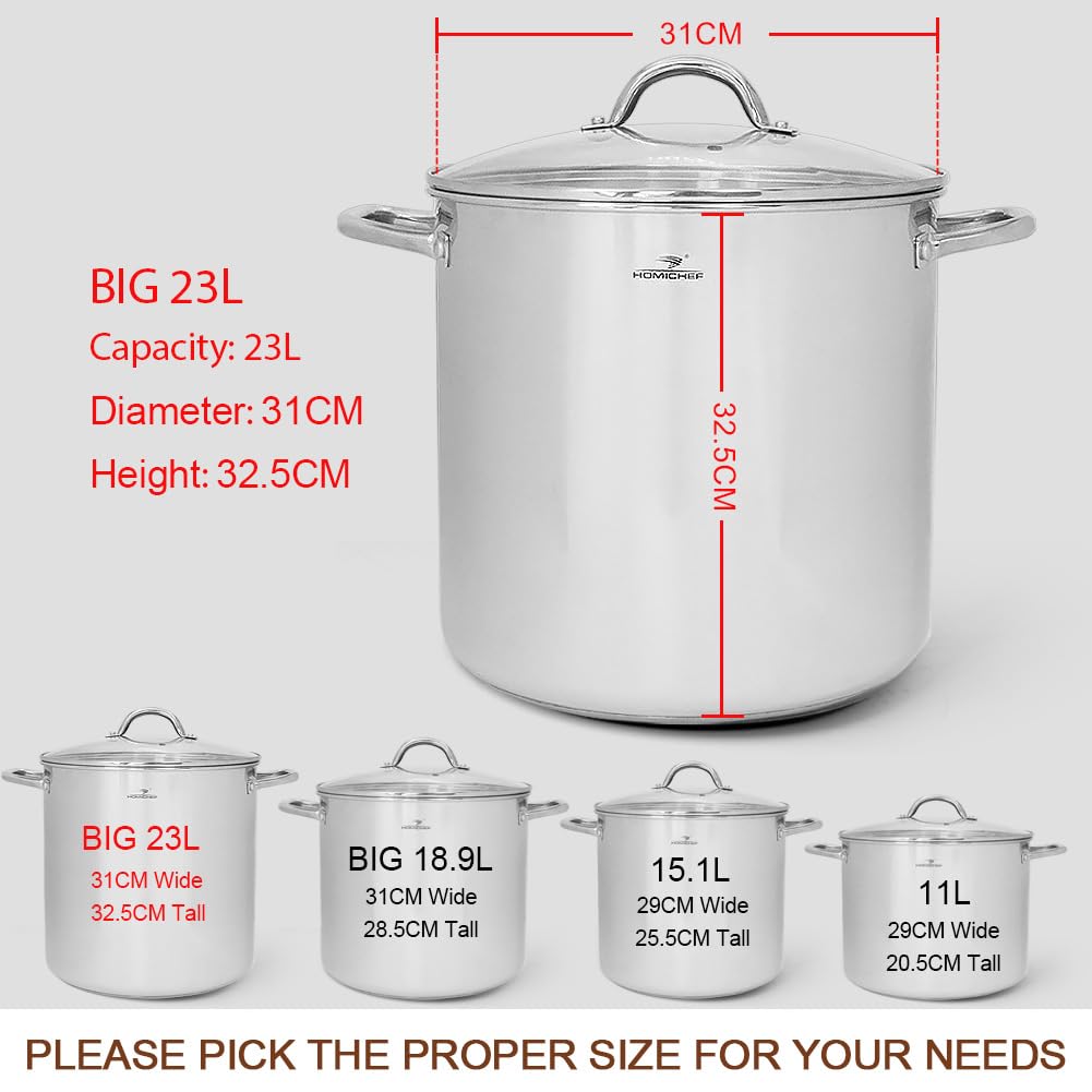 HOMICHEF Large Nickel Free Stainless Steel Stock Pot with Lid (31 cm, 22.5 Litre) - Mirror Polished Stock Pot with Lid - Heavy Soup Pot Large Cooking