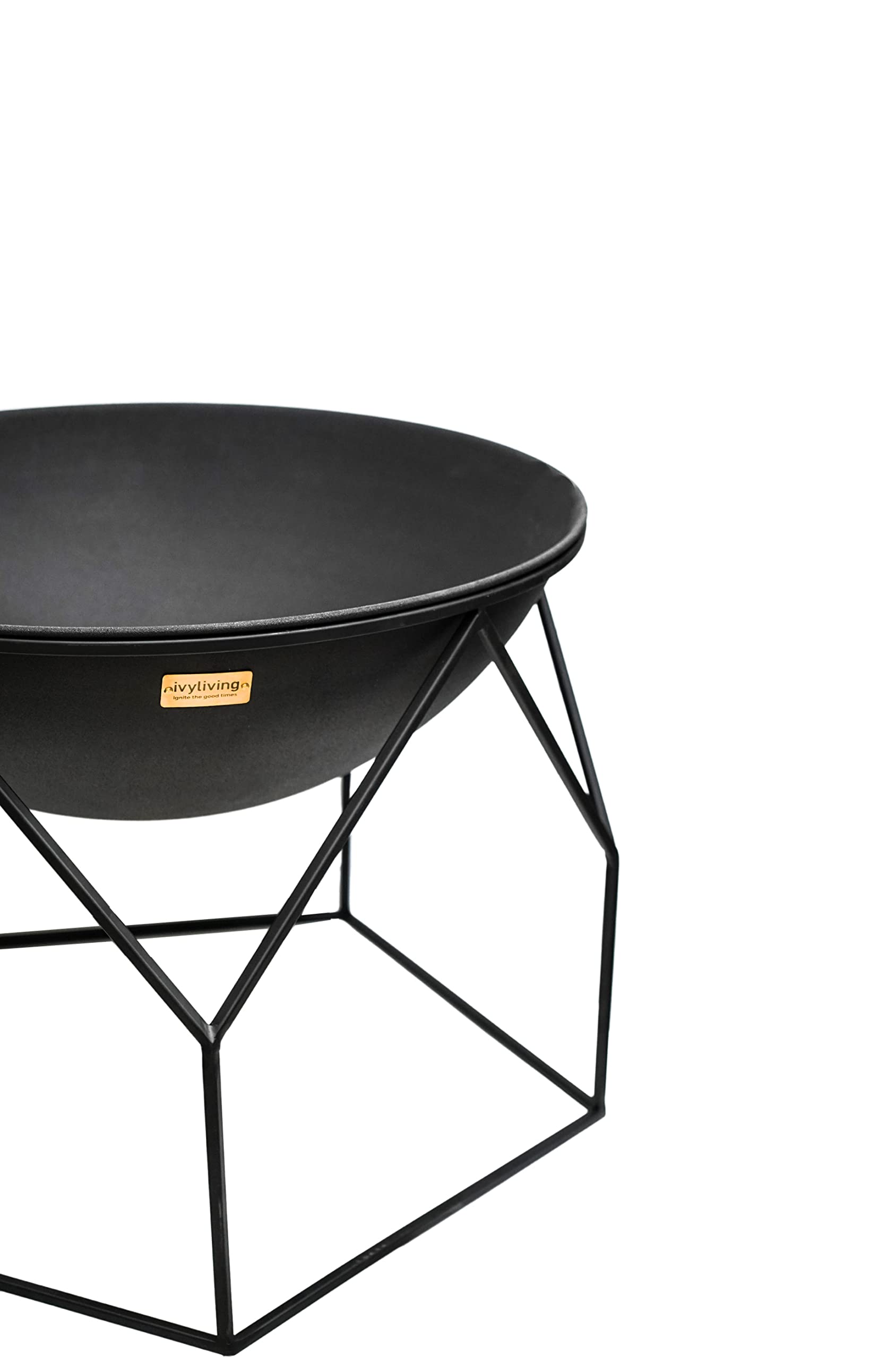 Ivyline Buckingham Firebowl with Geometric Stand in Black - UV Stable, Frost Proof & Durable - Contemporary Stylish Outdoor Firepit - H51cm x W70cm