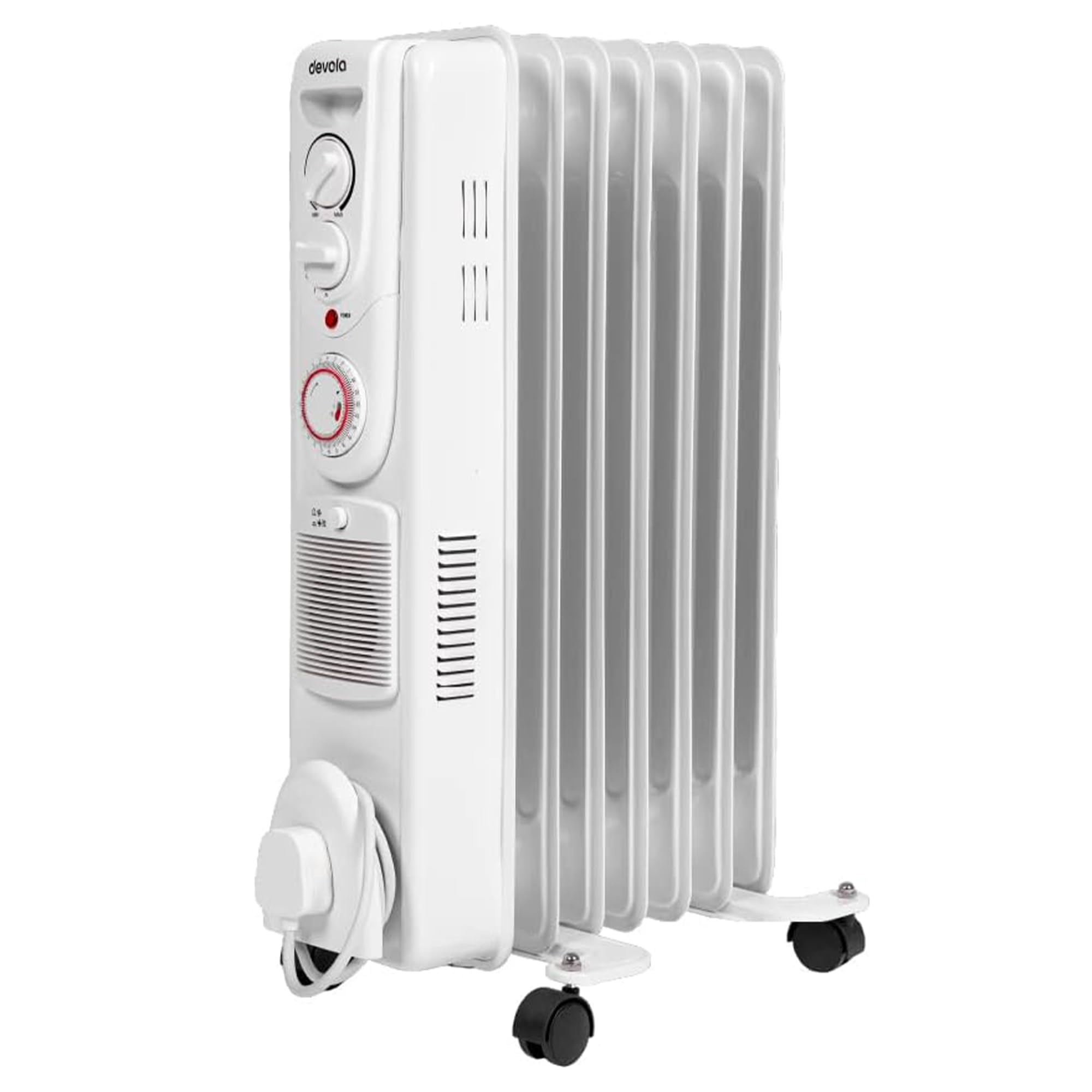 Devola 1500W 5 Fin Oil Filled Radiator, Low Energy Electric Heater with Thermal Fuse for Overheat Cut Off, Adjustable Heating Dial, Turbo Heating Option via PTC Fan, 24 Hour Timer - DVSOR5F15W (White)
