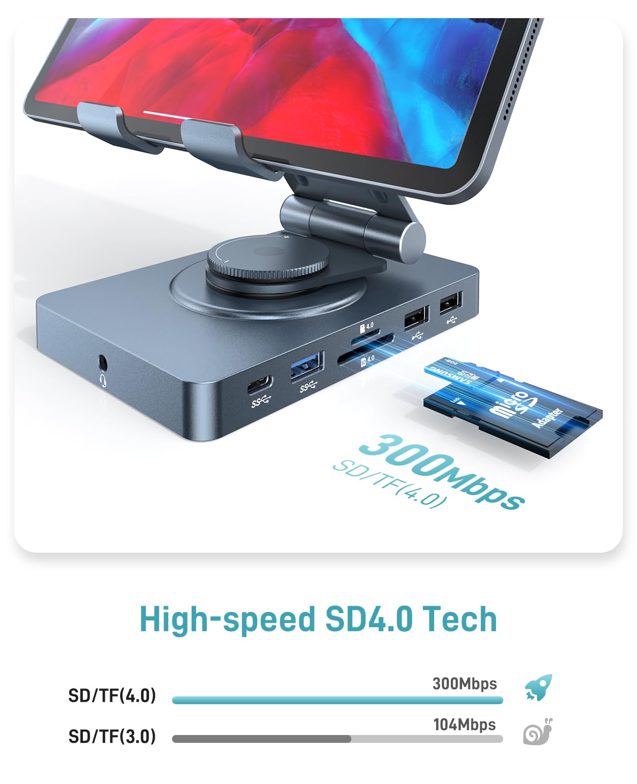 360° Rotating iPad/iPad Pro USB C Docking Station, 11-in-1 with SD TF 4.0 Reader, 4K@60Hz HDMI, RJ45, Audio, USB A, USB C, For Tablet, Steam Deck, ROG Ally, Legion Go, Msi Claw, Samsung, etc