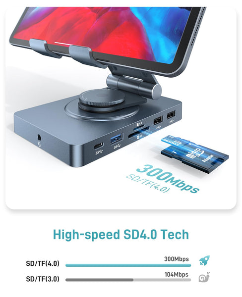 360° Rotating iPad/iPad Pro USB C Docking Station, 11-in-1 with SD TF 4.0 Reader, 4K@60Hz HDMI, RJ45, Audio, USB A, USB C, For Tablet, Steam Deck, ROG Ally, Legion Go, Msi Claw, Samsung, etc