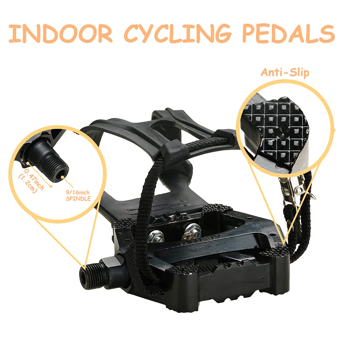 PROVO SPD Pedals - Hybrid Pedal with Toe Clip and Straps, Suitable for Spin Bike, Indoor Exercise Bikes and All Indoor Bike with 9/16in axles