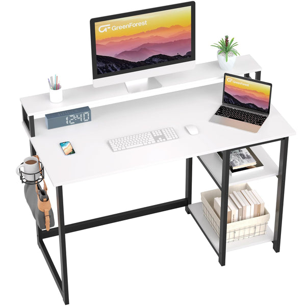 GreenForest Computer Desk with Full Monitor Stand,120 cm Home Office Desk with Reversible Storage Shelves,Small Study Desk with Headphone Hook and Cup