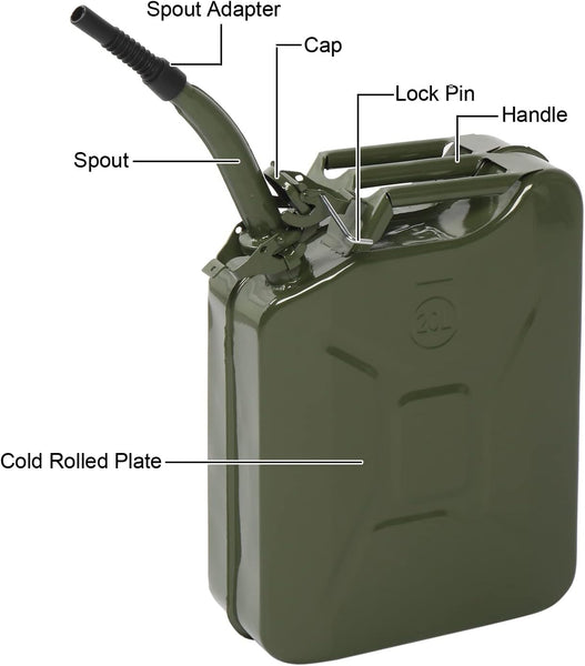 Karlhome 20 Litre 5 Gallon Metal Gas Can Fuel Tank Can Petrol Diesel Storage Can Portable with Spout System, for Automobile Vehicle Off Road Emergency Supply, Green