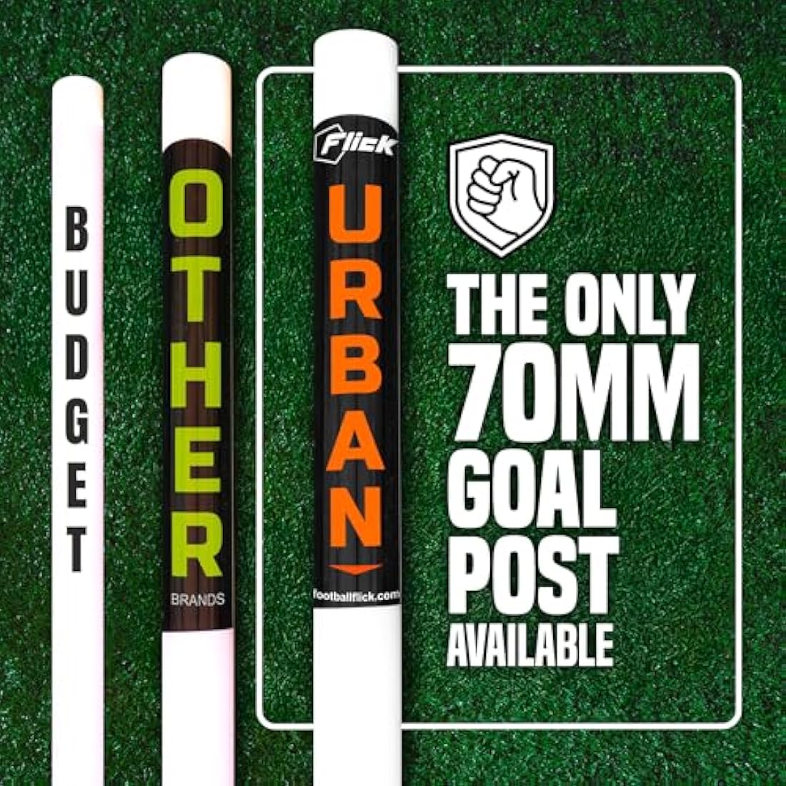 Football Flick Ultimate All Weather uPVC Football Goal with UV treated 70mm thick posts, integrated locking system, and strengthened corners (Sizes: 6x4, 8x4, 8x6, 12x6)