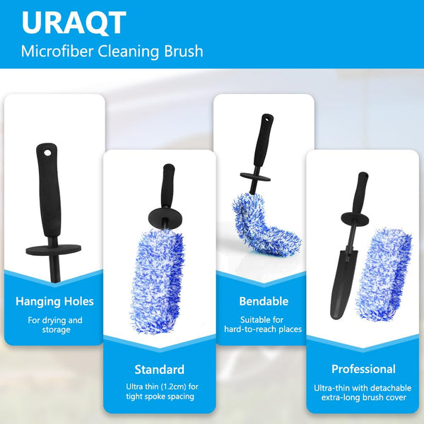URAQT Car Wheel Brush, No Metal Wheel and Rim Detailing Brush, Car Wheel Cleaning Brush, Soft Dense Alloy Wheel Brush, Suitable for Wheels and Rims of Cars/Motorcycles/Bicycles (Black)