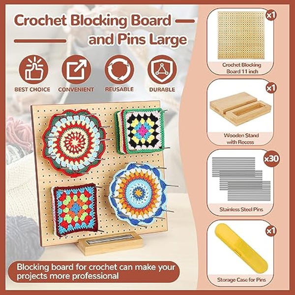 Aeelike Large Granny Square Blocking Board, 11 inch Bamboo Crochet Blocking Board and Pins, Upgrade Blocking Board for Crochet Squares with Recess Stand & Case, Crochet Wooden Blocking Board with Pegs