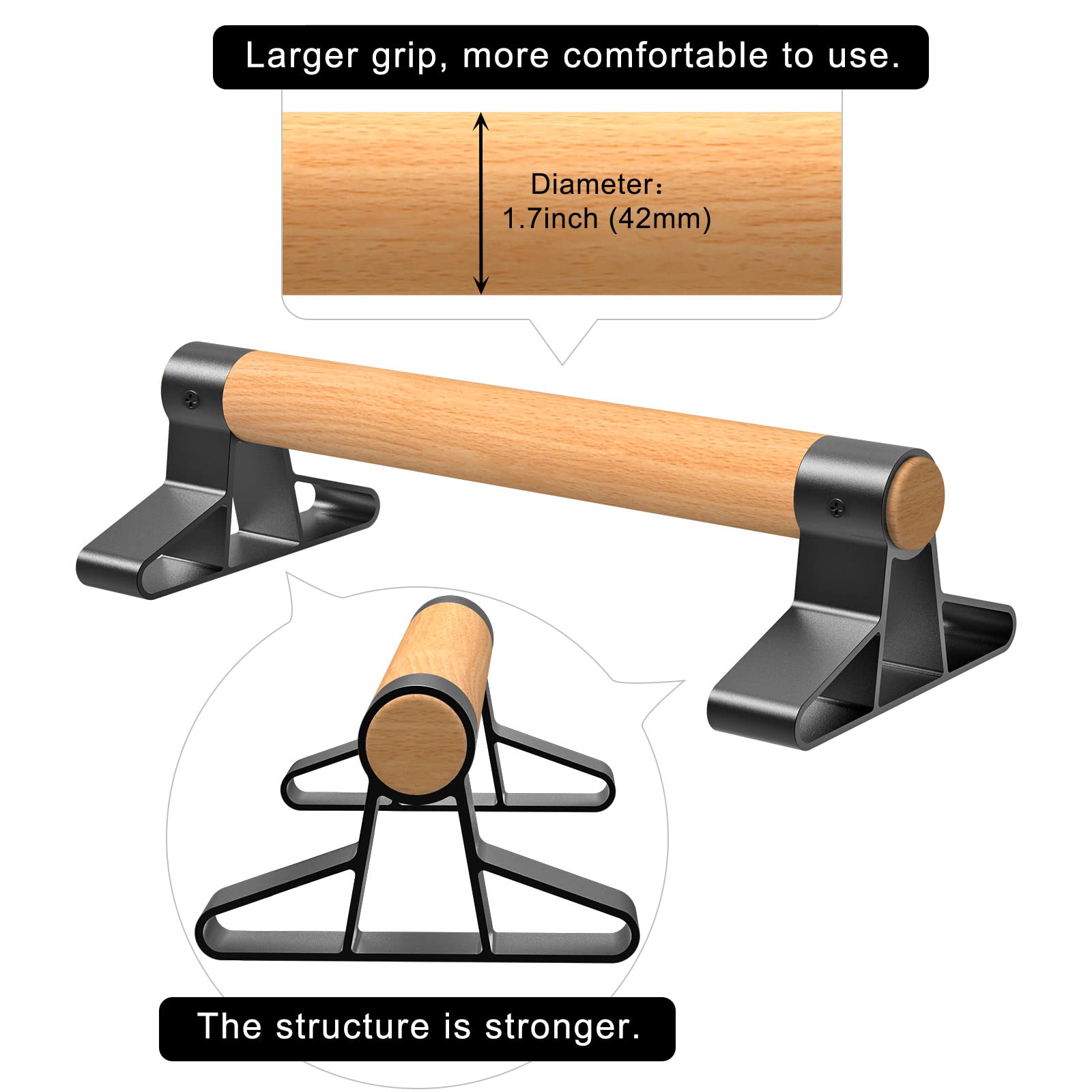 Wood Handle Push Up Bars w/ Alloy Steel Bracket Keep Long Long Lasting and Comfy Using, Non-slip Parallettes Bars for Pushups Yoga Gymnastic Training