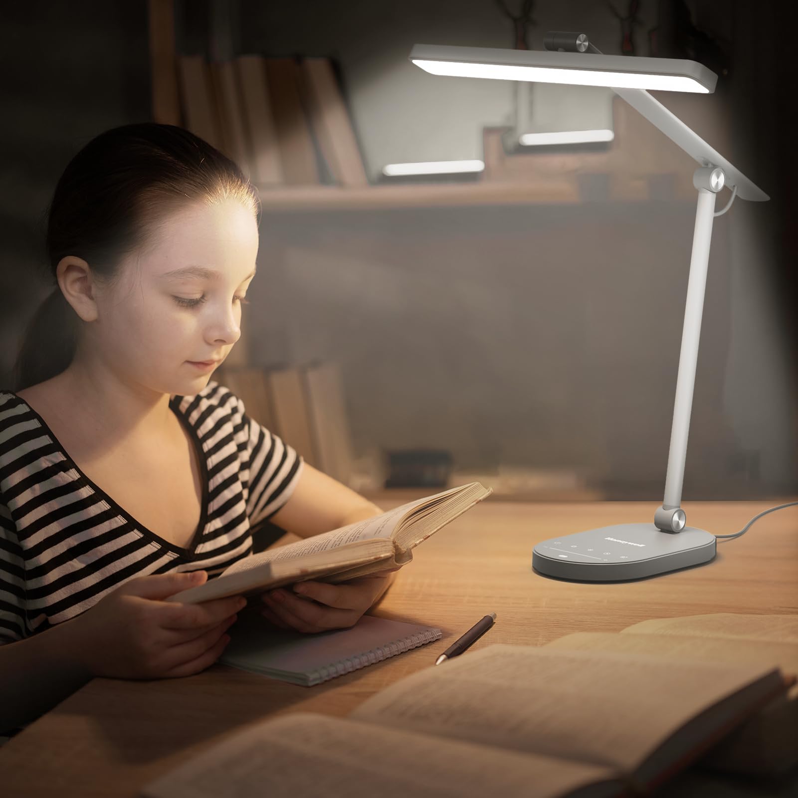Honeywell LED Desk Lamp for Home Office - H4 Sunturalux™ Eye-Caring Desk Light, 14W Dimmable Table Lamp with 3 Color Modes, 5 Brightness Levels, Auto-Dimming, Timer, Touch Control Reading Lamp, White