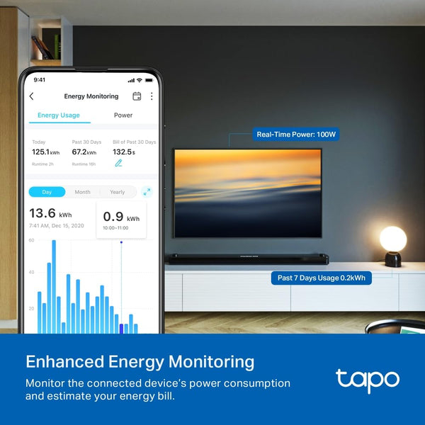 Tapo P110M Smart Plug, WiFi Plug, Energy Monitoring, Electricity Usage Monitor, MATTER Certified, App Remote Control, Voice Control, Alexa Plug, Works with Alexa & Google, Away Mode, Compact Design