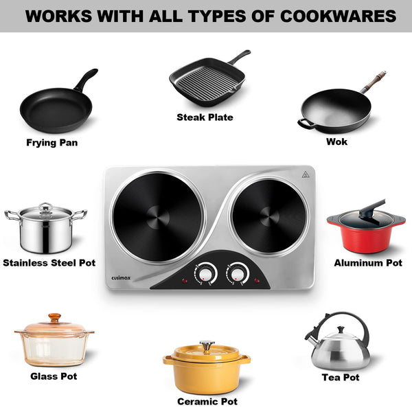 Double Hot Plate, CUSIMAX Electric Hot Plate for Cooking Portable Electric Hob, Cooktop Table Top Hob with 2 Cast Iron Portable Hob Rings Electric