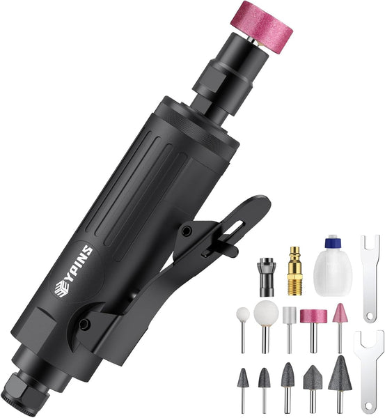 EYPINS Pneumatic Mini Air Die Grinder 1/4" & 1/8" - 25000RPM High-Speed Straight Grinding Tool with Safety Lock, Grinding Stones Kit for Metal, Wood, Plastic Polishing, Grinding & Rust Removal