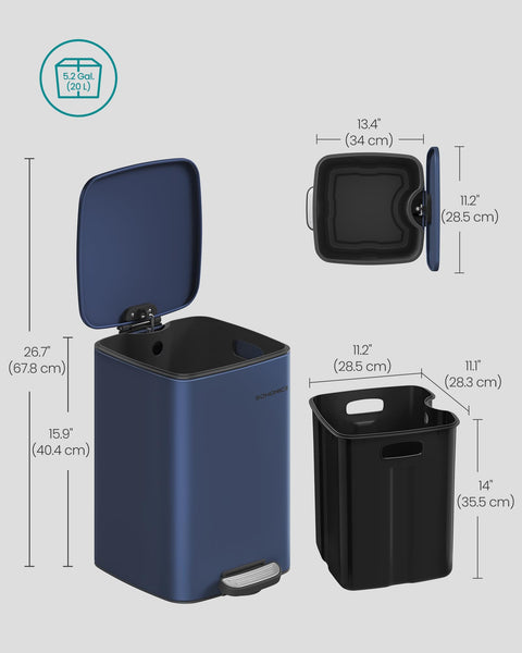 SONGMICS Kitchen Bin, 8-Gallon (30 L) Trash Bin, Steel Pedal Bin, with Inner Bucket, Soft Close and Stays Open, Ink Black LTB593B02