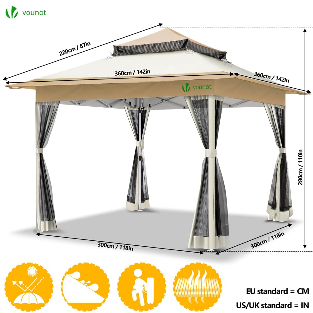 VOUNOT® 3.6m x 3.6m Pop Up Gazebo with Mesh Sides, Garden Double Roof Marquee Party Tent with Leg Weights & Roller Bag, Grey