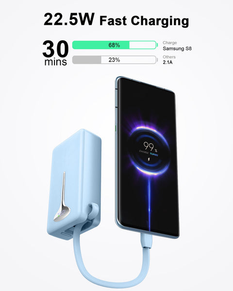 Power Bank Fast Charging, 22.5W Portable Charger 10000mAh, Small Battery Pack USB-C In & Out, Lightweight Powerbank with Built in Cable for iPhone 16/15/14/13/12, Samsung Galaxy, Xiaomi, Android etc