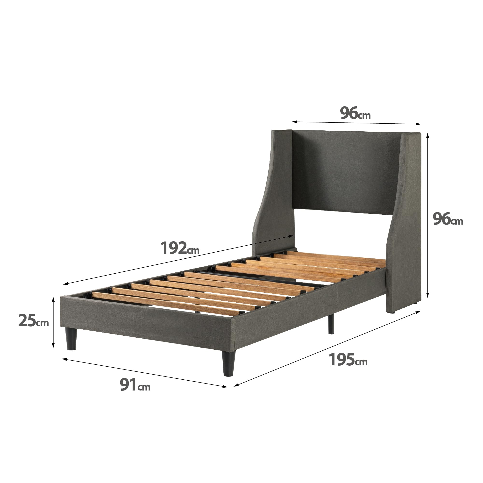 Zinus Evelyn Double Bed frame - Bed 135x190 cm - 25cm Height - Upholstered Bed frame with Wide Wingback Headboard - Dark Grey
