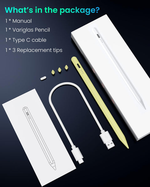 Variglas Pencil for iPad - 2018-2025 15 Minutes Fast Charging, Palm Rejection,Tilt Sensitivity, Stylus Pen Compatible with iPad Pro 11"/12.9"/13", 11/10/9/8/7/6th Gen, Air 3-6, Mini 5/6