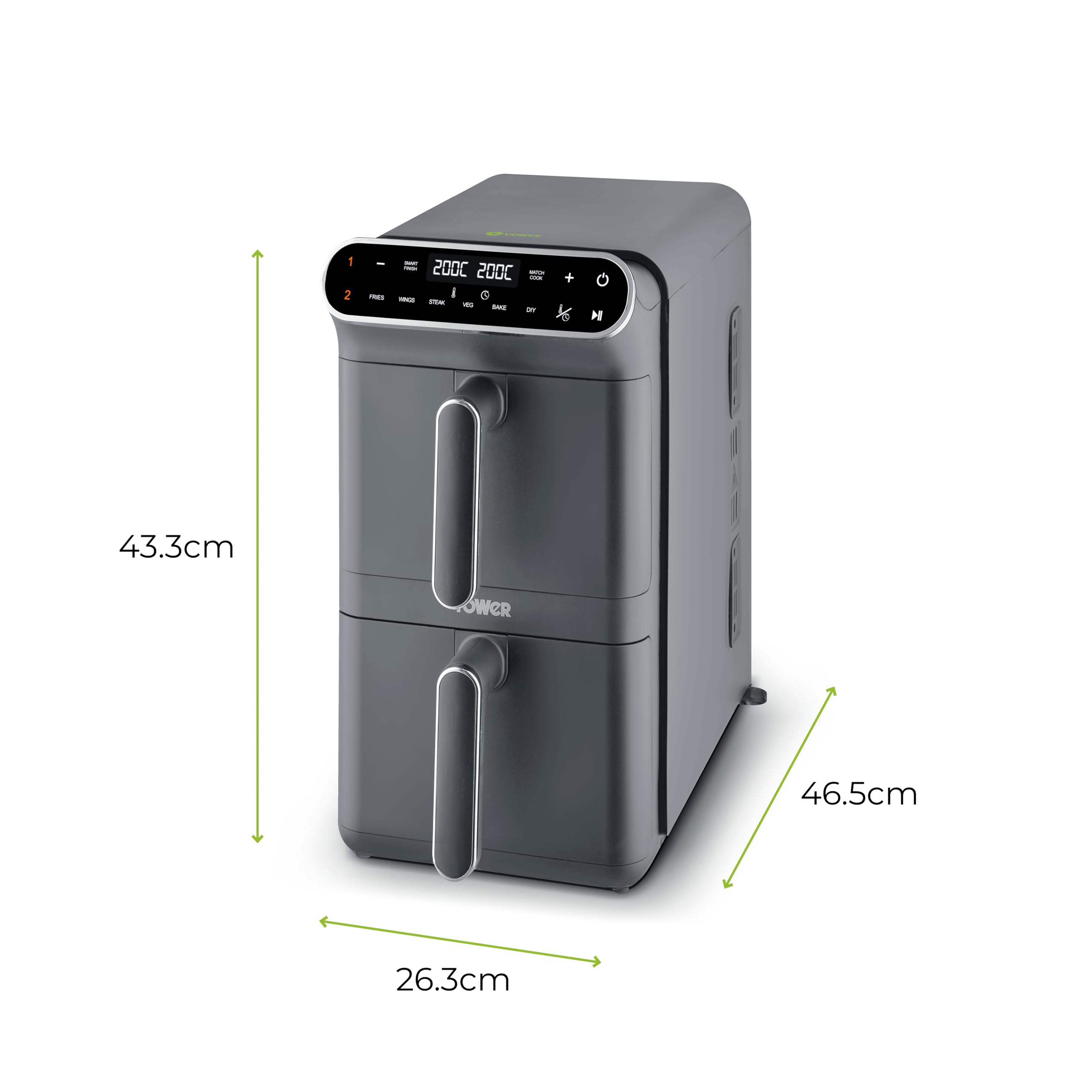 Tower T17190GRP Vortx XL Dual Stack Air Fryer with Digital Control Panel, Space Saving Design, 6 Preset Cooking Modes, Match Cook & Smart Finish Functions, 2460W, 11L, Graphite with Chrome Trim