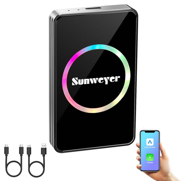 Sunweyer Wireless CarPlay Adapter Car Streaming Device Ai Box Support Netflix, YouTube, Hulu, Disney+, Android Auto Wireless Adapter with LED Ambient Light, Easy to Setup 3 in 1, Dual WiFi Bluetooth