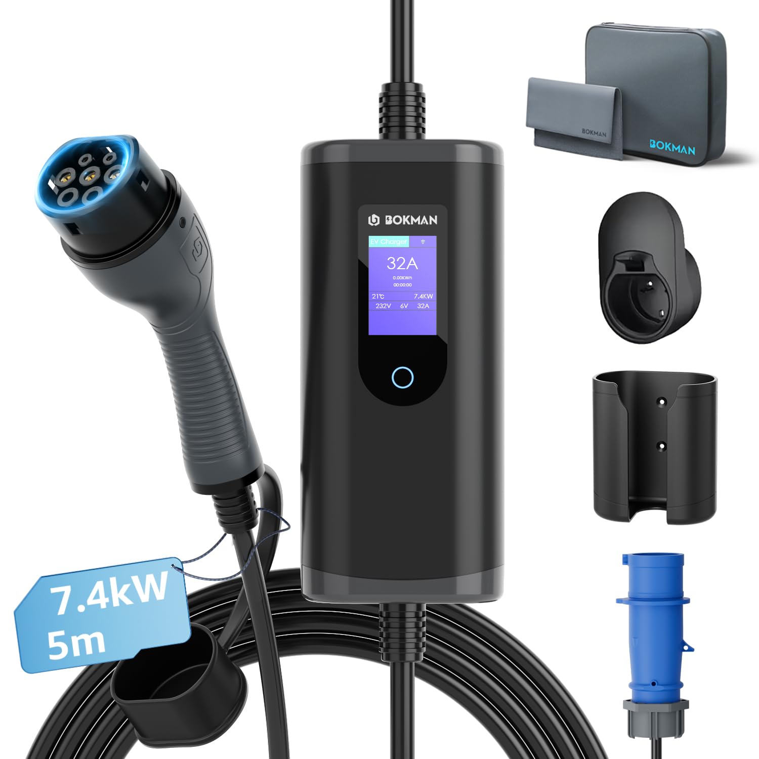 bokman EV Charger Type 2 to 3 Pin Plug, 5M / 3.3kW / 13A / IP65 Waterproof, Electric Car Charger with LED Indicators, Type 2 Charging Cable 3 Pin with Carry Bag & Microfiber Towel