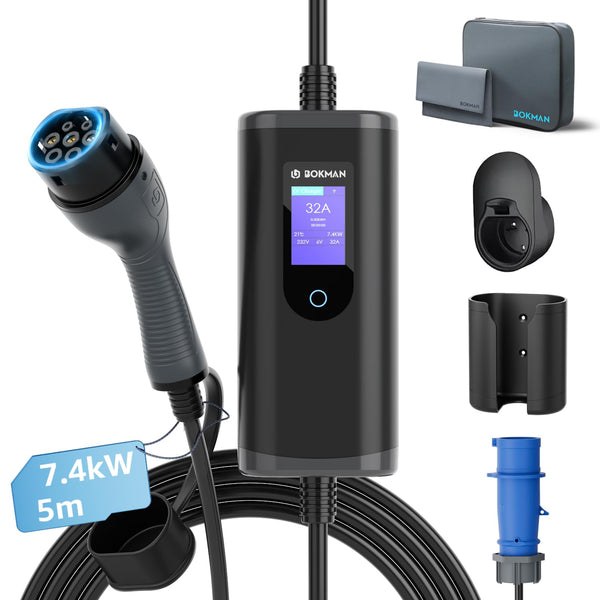 bokman EV Charger Type 2 to 3 Pin Plug, 5M / 3.3kW / 13A / IP65 Waterproof, Electric Car Charger with LED Indicators, Type 2 Charging Cable 3 Pin with Carry Bag & Microfiber Towel