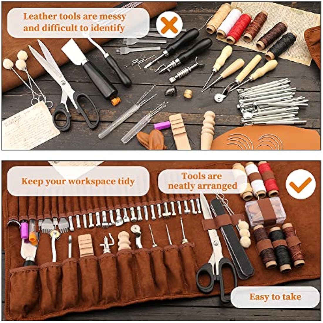 Leather Working Kit Leather Tool Kit Leather Craft Kits with Carving, Stamping & Sewing Tools and Custom Storage Bag for Cutting Punching