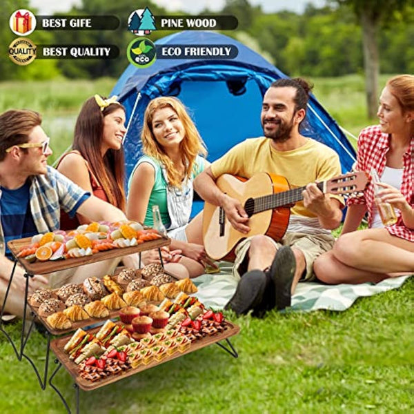 3 Tier Dessert Display Stand, Cupcake Stand & Towers Serving Tray Set, Portable Foldable Food Display Stand, Tiered Chees Charcuterie Boards, Acacia Wood Trays, for Outdoor, Party, Picnic, Dinner