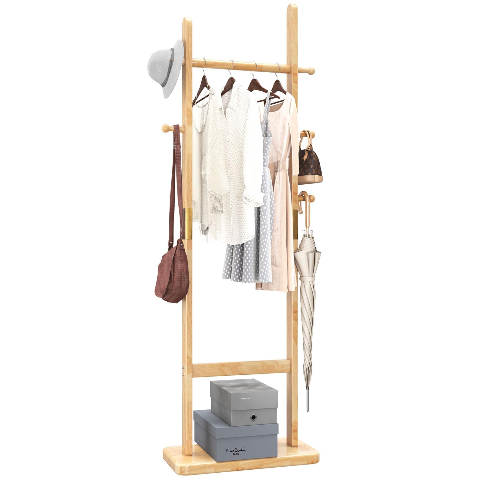 Aibiju Free Standing Coat Rack 180cm Stand with Rectangle Base with 5 Hooks, Wooden Coat Rack with hanging bar, Coat Stand for Purses, Clothes,