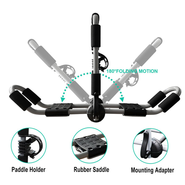 ASMSW Kayak Roof Rack 1 Pair 4-in-1 for Kayak/Surf/Ski Rack,Folding Adjustable Bilateral J-Shaped Roof Rack with 4 PCS Tie Down Straps On Rooftop
