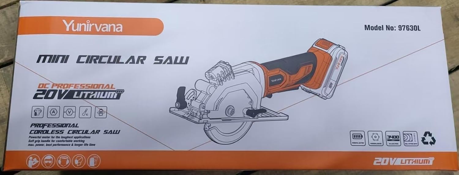 Yunirvana Mini Circular Saw, 20V 3400RPM Professional Cordless Circular Saw, Adjustable Angle and Depth,Max Cutting Depth 42.8mm (90°), 28mm(45°),Laser Guide,Blade 115mm