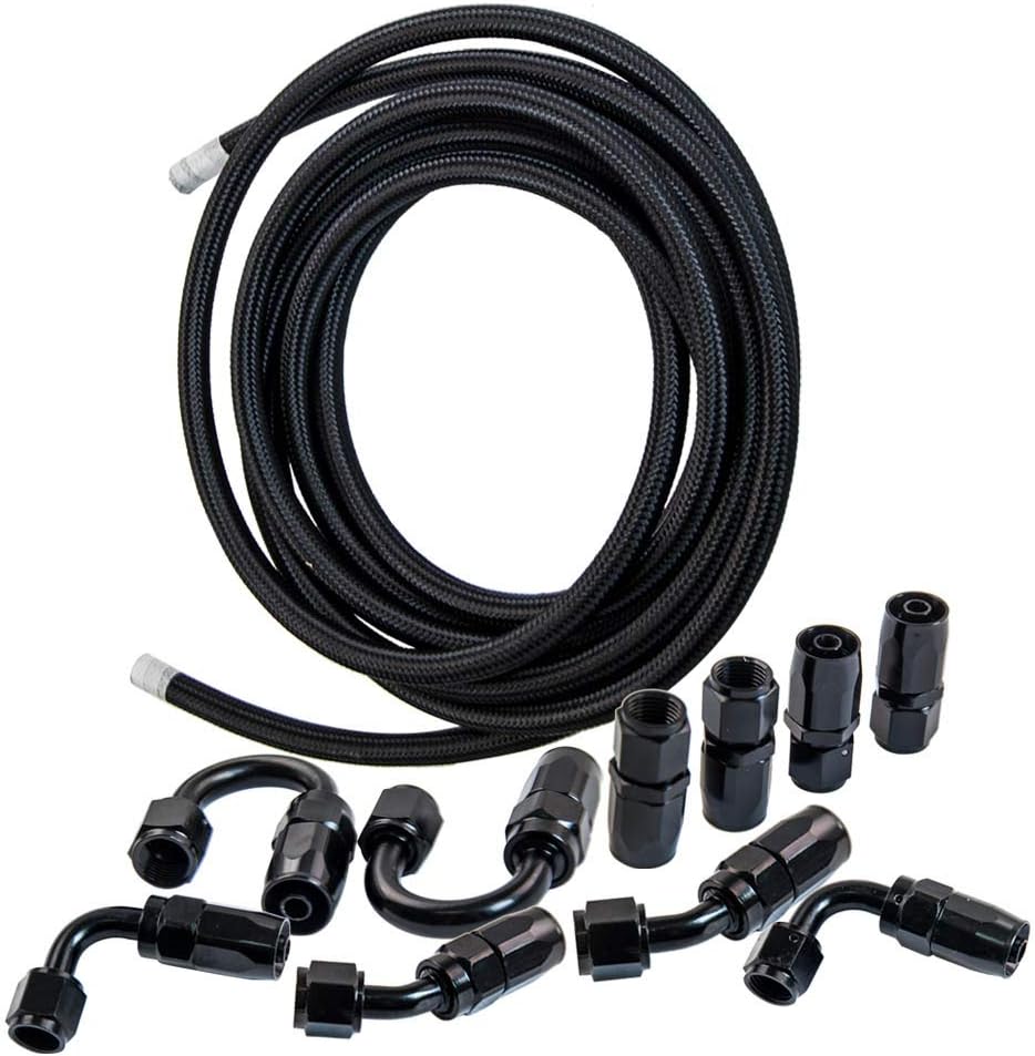 maXpeedingrods AN6 5M Stainless Steel Flexible Braided Fuel Hose Remote Oil Cooler Line Coolant Pipe 0.55", with Hose End Fitting Adapters
