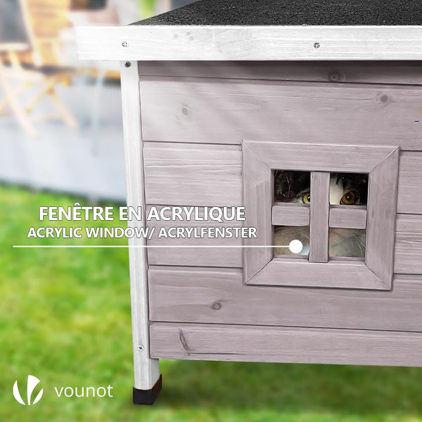 VOUNOT Cat House Outdoor with Kennel Door Privacy Window Cat Wooden Shelter 57x45x43cm, Grey