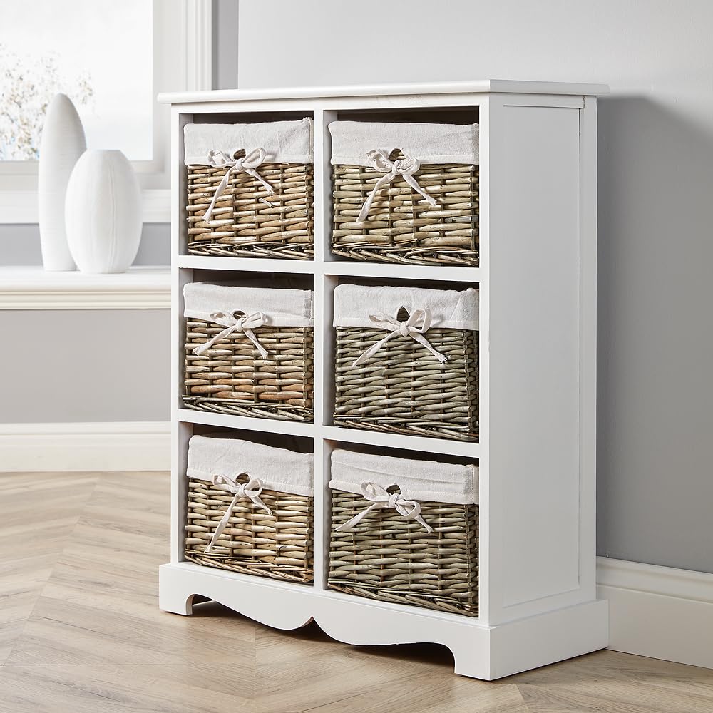 Home Source Bedroom Wooden Storage Unit, Woven Willow Wicker Baskets, 6 Drawer Wide Cabinet Chest, White