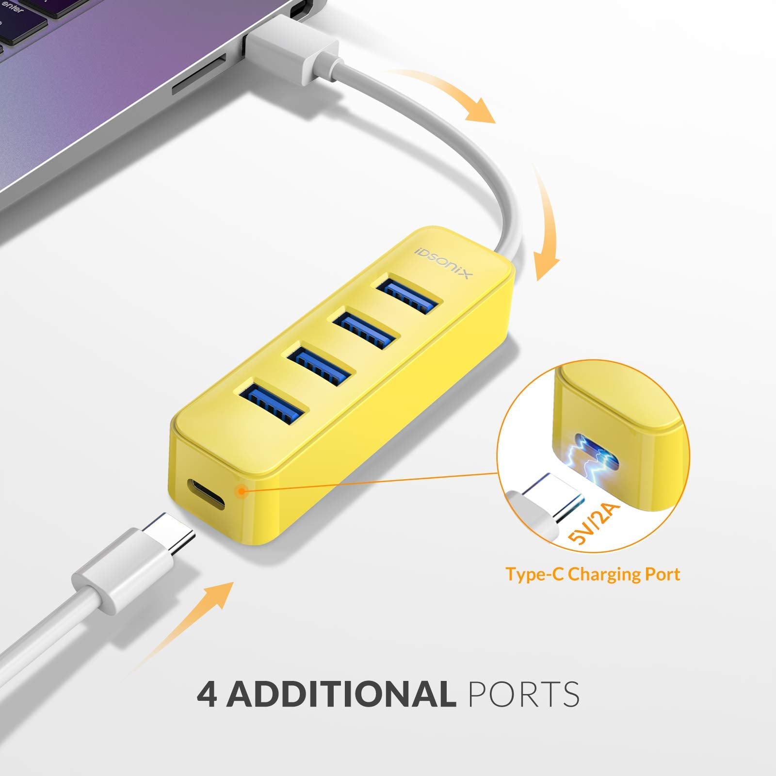 iDsonix USB hub, 4-Port USB 3.0 Hub, 5Gbps HighSpeed Data Transmission USB Hub for Laptop, iMac, Surface Pro, XPS, USB Flash Drives, Mobile HDD, Xbox, Printer, Camera, and More - Yellow