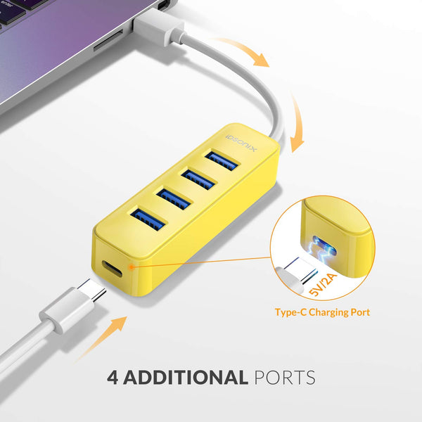 iDsonix USB hub, 4-Port USB 3.0 Hub, 5Gbps HighSpeed Data Transmission USB Hub for Laptop, iMac, Surface Pro, XPS, USB Flash Drives, Mobile HDD, Xbox, Printer, Camera, and More - Yellow