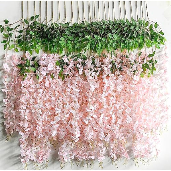 12 Packs Artificial Wisteria Flowers Vine Fake Wisteria Garland Flower Garlands Artificial Hanging Flowers for Decoration Garden Party Outdoor Wedding Decoration (Pink-Dense)