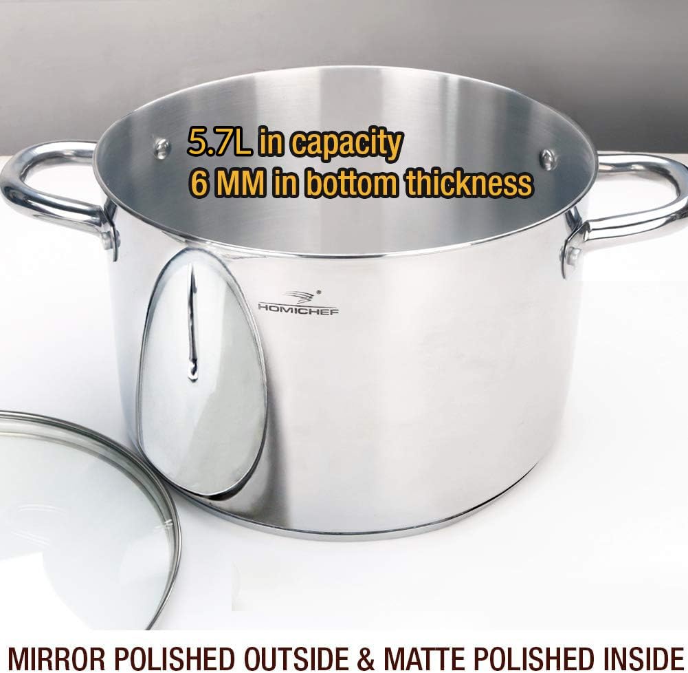 HOMICHEF Stock Pot 24.5 cm 5.7 Litre Nickel Free Stainless Steel - 5.7 Litre Pot with Lid and Handle - Soup Pot Small Cooking Pot
