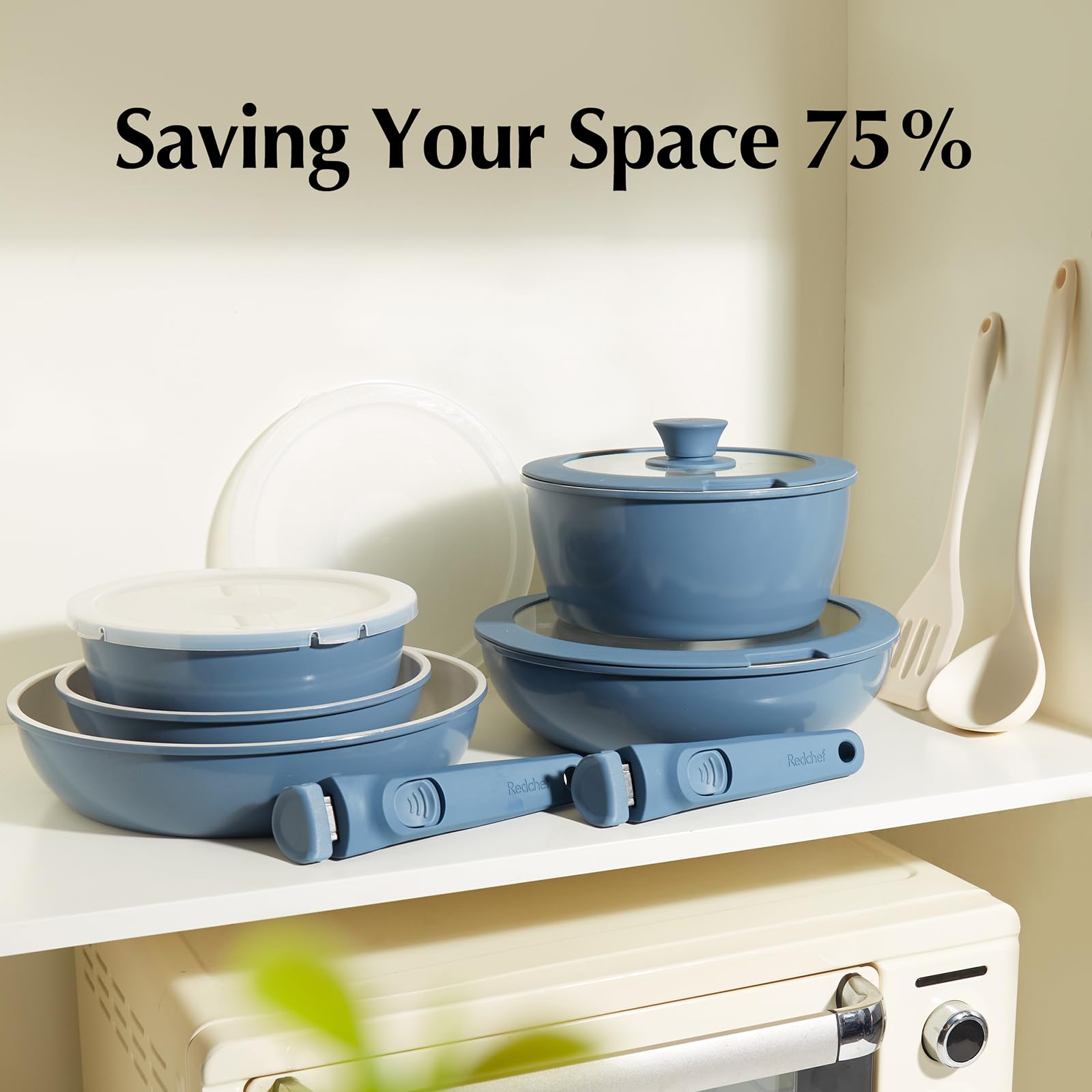 Redchef Ceramic Pots and Pans Set Non Stick, 16 pcs Nonstick Cookware Set with Detachable Handle, Non Toxic, PFAS PFOA & PTFE Free, RV Ceramic Cookware Set for Camping, Oven Safe (Pink)