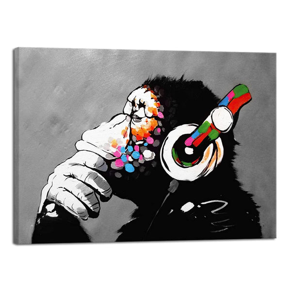 Wieco Art Monkey With Headphones Banksy Graffiti Art Abstract Canvas Painting Posters and Prints Animal Canvas Wall Art for Wall Decor and Home